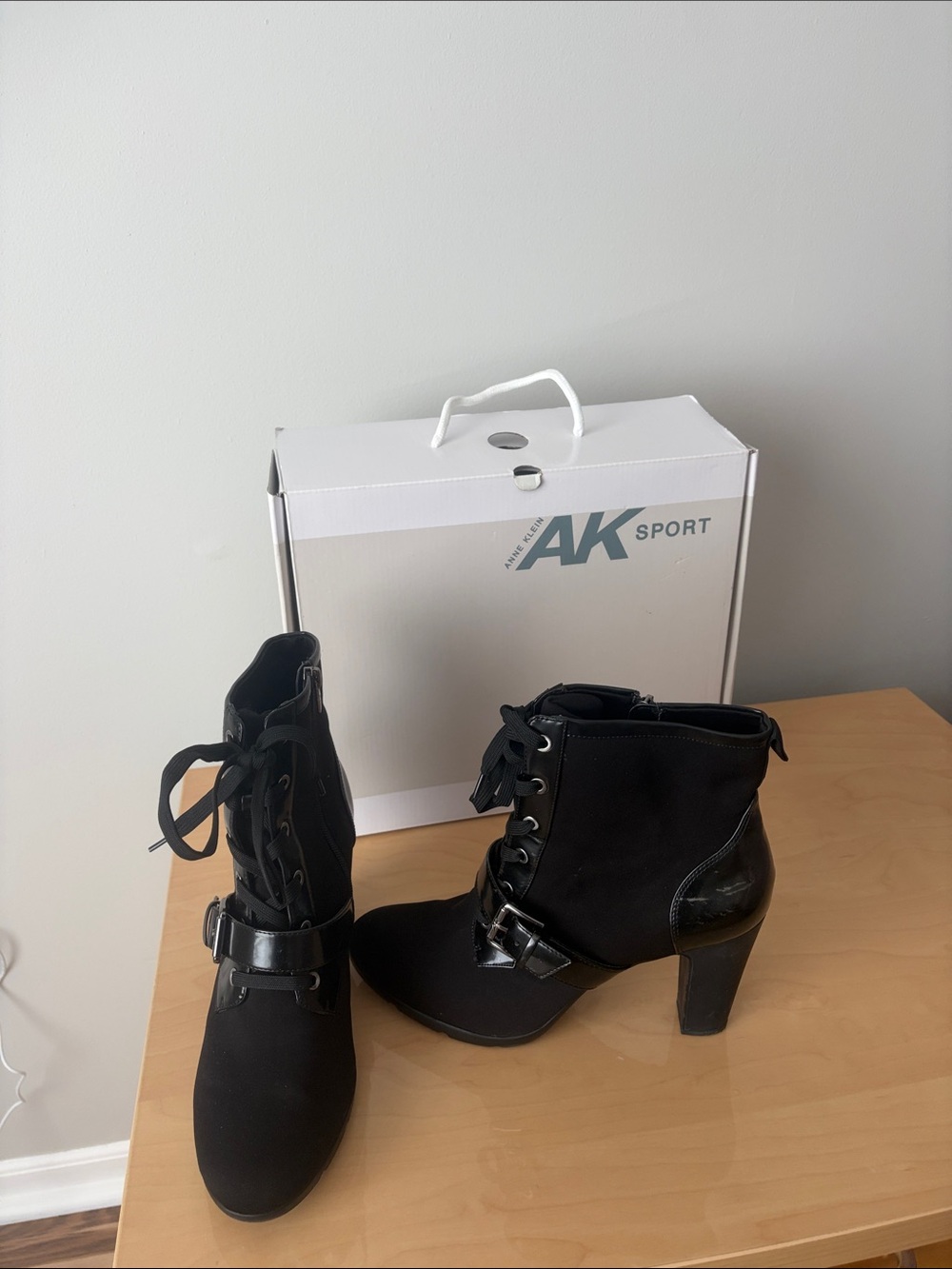 Anne Klein Black Lace-Up Buckle Ankle Boots